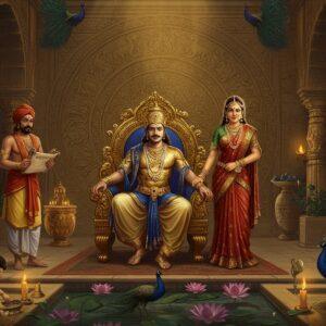 A majestic scene depicting Chandragupta Maurya seated on an ornate golden throne in the grand Pataliputra palace courtyard, wearing royal blue and gold silk robes, adorned with precious gems and the imperial Mauryan crown. To his right stands his chief queen Helena in Greco-Indian attire, wearing a fusion of Greek chiton and Indian silk draped elegantly, symbolizing the cultural alliance. To his left stands his mentor Chanakya in traditional brahmin attire holding ancient scrolls. Behind them, a massive intricate mandala-style carving on the palace wall incorporates Mauryan symbols, lions, and dharmachakras in gold and deep peacock blue. The young prince Bindusara plays near lotus-filled royal pools in the foreground. The scene is illuminated by warm golden light filtering through ornate pillars, creating dramatic shadows. Art style combines traditional Pattachitra techniques with modern digital art, featuring rich jewel tones, intricate patterns, and a photorealistic finish. Multiple peacocks with detailed feathers roam the courtyard, symbolizing royalty. The atmosphere captures both the grandeur of the Mauryan empire and the intimate family dynamics, with swirling ethereal elements suggesting the mixing of Greek and Indian cultures.