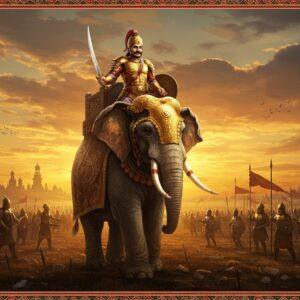 A majestic scene depicting Chandragupta Maurya in ornate golden armor with intricate Mauryan patterns, mounted on a decorated war elephant, leading a vast army across a dramatic battlefield at dawn. He holds a gleaming sword in his right hand and a royal chakra shield in his left. The elephant is adorned with traditional battle armor featuring detailed Mauryan motifs. Behind him, rows of disciplined soldiers stretch into the distance, carrying spears and distinctive Mauryan military standards. The foreground shows detailed war formations with infantry, cavalry, and elephant units in perfect geometric patterns, inspired by Kautilya's military tactics. The sky features a dramatic sunrise in deep saffron and gold hues, with stylized clouds forming subtle mandala patterns. The scene incorporates elements of both Mauryan-era architecture and military insignia, with border details inspired by Madhubani art style. The lighting emphasizes the golden hour, casting dramatic shadows and highlighting the metallic details of the armor and weapons. The color palette focuses on rich golds, deep reds, earth tones, and royal blues, creating a sense of historical grandeur with modern digital art techniques.