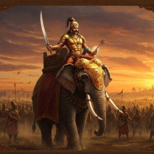 A majestic Indian warrior king Chandragupta Maurya, portrayed with strong facial features and athletic build, wearing an ornate golden armor adorned with Mauryan symbols, standing atop an elephant decorated with royal regalia. He holds a gleaming sword in his right hand and a chakra in his left. Behind him, a vast army stretches into the horizon, featuring soldiers with spears, bows, and war elephants in traditional Mauryan military formation. The scene is set against a dramatic sunset sky in deep oranges and purples, with the Pataliputra palace visible in the distance. Intricate Mauryan-era patterns and motifs frame the composition. The lighting emphasizes golden hour warmth, creating dramatic shadows and highlighting the metallic details of weapons and armor. Art style combines traditional Indian Miniature painting techniques with modern digital fantasy art, featuring rich colors like deep maroon, royal blue, and burnished gold. The scene includes subtle details like battle standards, flying arrows, and dust clouds, creating a dynamic atmosphere of military might and imperial power.