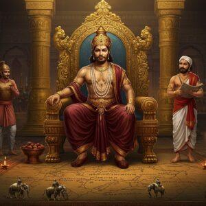 A majestic scene depicting Chandragupta Maurya in royal attire, wearing a golden crown adorned with precious gems, seated on an intricately carved golden throne. He wears a rich maroon dhoti with gold embellishments and multiple layers of royal jewelry. The background shows a grand durbar hall with massive pillars decorated in Mauryan polish, featuring the iconic peacock motifs. To his right, stands Chanakya in simple white dhoti, holding ancient palm leaf manuscripts. The left side shows soldiers in classical Mauryan armor with spears and swords, symbolizing military might. The foreground displays a detailed map of the Mauryan Empire carved on copper plates, with miniature elephants and horses along its borders. The scene is illuminated by multiple oil lamps creating a warm golden glow. Architectural elements include the famous Mauryan polish pillars, lion capitals, and Buddhist-influenced motifs. The art style combines traditional Madhubani patterns in the border details with modern digital rendering, using deep royal colors like gold, maroon, and peacock blue. The lighting creates a dramatic atmosphere with soft highlights on the metallic elements and a subtle ethereal glow around Chandragupta, emphasizing his historical importance.