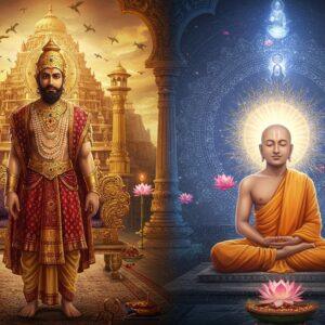 A regal figure of Chandragupta Maurya in transition, split composition - on one side wearing elaborate Mauryan imperial attire with gold crown, jewels, and royal symbols, on the other side transformed into a serene Jain monk in simple white dhoti. The imperial side shows him standing in front of the massive Pataliputra palace with golden pillars and peacock throne, while the ascetic side shows him meditating under a sacred Banyan tree in Shravanabelagola. Intricate Madhubani-style patterns form a mandala backdrop, merging into mystical sacred geometry. The lighting transitions from warm royal golden hues to cool spiritual blue tones. Floating lotus flowers, glowing auras, and delicate patterns inspired by Jain manuscripts frame the scene. The emperor's face shows profound peace and enlightenment. Scene includes subtle elements like dropped royal insignia, symbolic sacred mountains, and the rising sun representing spiritual awakening. Artistic style combines hyperrealistic digital art with traditional Indian artistic elements, emphasis on ornate details and ethereal atmosphere. 8k, cinematic lighting, photorealistic texturing.