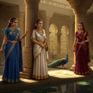 A regal scene depicting three distinct queens in a magnificent Mauryan palace courtyard, each representing different cultural backgrounds - Durdhara in an elegant royal blue silk saree with gold embellishments and traditional Indian jewelry, Helena in Greco-inspired white and gold chiton with Mediterranean accessories, and Nandini in a deep maroon royal ensemble with pearl adornings. They stand near ornate pillars featuring Mauryan polish and craftsmanship, with the iconic Ashoka chakra motif in the background. The scene is illuminated by golden light filtering through latticed windows, creating dramatic shadows. Peacocks roam in the foreground near a reflecting pool. The artistic style combines Ajanta-like precision with modern digital aesthetics, featuring rich jewel tones and metallic accents. The queens' expressions convey quiet strength and dignity, while their postures reflect their royal status. Architectural elements include lotus-carved pillars, intricate jali work, and period-accurate Mauryan symbols. The lighting creates a dreamlike, ethereal quality while maintaining historical accuracy in costume and setting details.