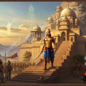 A majestic scene depicting Chandragupta Maurya standing atop the grand steps of Pataliputra palace, wearing an intricately detailed golden armor and royal blue silk dhoti with gold embellishments. His posture is regal, holding a gleaming sword in one hand and a chakra symbol in another. Behind him, a massive architectural marvel of the Mauryan palace rises, featuring characteristic polished pillars and Buddhist-influenced dome structures. The foreground shows detailed Mauryan-era symbols - the Ashoka chakra, lotus motifs, and peacock emblems in rich gold and deep blue hues. Multiple layers of visual depth show scenes of prosperity - traders with goods, soldiers with spears in formation, and artisans crafting items. The lighting is dramatic with warm golden sunlight casting long shadows, while floating ethereal mandalas and sacred geometry patterns add a spiritual dimension. The art style merges hyperrealistic architectural details with stylized Madhubani patterns in the borders. Atmospheric elements include billowing silk banners, burning incense creating mystical smoke patterns, and distant mountains in a misty blue haze. The overall color palette focuses on royal blues, deep maroons, burnished golds, and ivory, creating a rich, historically authentic yet mystical atmosphere.