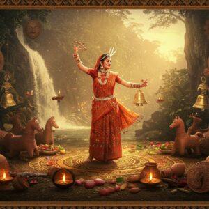 A mesmerizing panoramic scene of Chhattisgarh's cultural life, featuring a central Bastar tribal woman in traditional attire adorned with bell metal jewelry, performing the Panthi dance with raised arms. She wears a vibrant red and orange traditional cotton saree with tribal patterns. Around her, intricate Madhubani-style borders frame the scene with detailed peacocks and lotus motifs in deep indigo and gold. The background showcases the iconic Chitrakote waterfalls with mystical golden light filtering through, creating a dreamy atmosphere. The foreground displays traditional Dhokra art pieces, terracotta horses, and tribal masks arranged in a circular mandala pattern. Floating elements include delicate bell metal crafts catching ethereal light. The color palette combines earthy browns, forest greens, and sunset oranges with modern metallic accents. The scene is illuminated by both natural sunlight and traditional oil lamps, creating a magical interplay of light and shadow. The art style merges traditional tribal art patterns with contemporary digital aesthetics, incorporating sacred geometry and flowing energy lines. The composition should feel dynamic yet balanced, with a surreal, ethereal quality enhanced by soft glowing particles and subtle smoke effects.