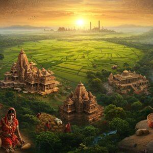 A majestic aerial view of Chhattisgarh's landscape at golden hour, featuring ancient Sirpur temples in intricate Madhubani art style merging into modern cityscape of Raipur. In the foreground, tribal Bastar artists crafting iconic Dhokra art pieces using lost-wax technique, their hands detailed with traditional tattoos. Center features the state's iconic white tiger emerging from dense Sal forests. Background showcases sprawling paddy fields in vibrant emerald green, with traditional Chhattisgarhi women in colorful Lambadi saris harvesting rice. Scene includes elements of industrial progress with steel plants silhouetted against a warm sunset sky filled with swirling patterns inspired by Gond art. Waterfalls of Chitrakote cascade down one side, while ancient rock paintings from Singhanpur caves blend into the composition. Style combines hyperrealistic digital art with traditional Indian folk art patterns, using rich colors of forest green, earthy browns, deep maroons, and metallic gold accents. Lighting creates a mystical atmosphere with soft golden rays filtering through morning mist over the landscape.