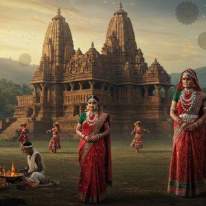 A majestic panoramic scene showcasing a traditional Chhattisgarhi tribal woman in vibrant Kosa silk saree with distinctive tribal jewelry, standing in front of the ancient Bhoramdeo Temple with its intricate Khajuraho-style carvings. The temple architecture features detailed sandstone sculptures and geometric patterns. In the foreground, Bastar tribal artisans work on their famous Dhokra metal casting, creating golden figurines that seem to glow. The background reveals dense Sal forests and rolling hills of Chhattisgarh in ethereal morning light. Traditional Panthi dancers in colorful attire perform in the middle ground, their movements creating dynamic energy. The scene incorporates Madhubani-style decorative elements with modern digital art techniques, using rich colors of deep maroon, forest green, and burnished gold. Floating mandalas and stylized lotus motifs frame the composition, while soft rays of golden light filter through the temple spires. The artwork should blend hyperrealistic details with ethereal, dreamlike quality, emphasizing the spiritual and cultural heritage. Style: cinematic, atmospheric, detailed, mystical, photorealistic with artistic enhancement.
