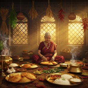 A rich, vibrant scene of a traditional Chhattisgarhi kitchen with warm, golden lighting streaming through ornate windows. In the center, an elderly Indian woman in a rich maroon silk saree with traditional tribal jewelry sits cross-legged on a decorative mat, preparing food on brass thalis. Around her are earthen pots, brass utensils, and indigenous cooking tools arranged in Madhubani-style patterns. The foreground features iconic Chhattisgarhi dishes - steaming plates of chila, faraa, muthiya, and rice, garnished with fresh curry leaves and red chilies. The background showcases hanging bunches of herbs, wheat stalks, and dried red chilies in intricate Pattachitra-style arrangements. Soft smoke wisps rise from traditional chulhas, creating a dreamy atmosphere. The scene incorporates traditional tribal motifs from Bastar art in deep peacock blue and saffron colors. The lighting is warm and ethereal, with golden rays highlighting the steam rising from the food. The composition includes subtle mandala patterns in the background formed by arranged spices and grains. Hyperrealistic digital art style with rich textures and atmospheric lighting.
