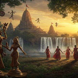 A mystical panoramic view of Chhattisgarh's landscape at golden hour, featuring ancient Bastar tribal art patterns seamlessly blending into modern geometric designs. In the foreground, intricate Dhokra brass figurines come alive, dancing with realistic movement. The middle ground shows the majestic Chitrakote Falls with crystalline water cascading down, creating a misty ethereal effect. The background reveals the towering Bhoramdeo Temple with detailed architectural elements, its spires reaching into a sky filled with warm sunset colors - deep oranges, rich purples, and gold. Traditional Chhattisgarhi women in vibrant Kosa silk sarees (in deep maroon and forest green) perform the Panthi dance, their movements creating flowing patterns. The scene is adorned with traditional Godna art motifs floating like spiritual symbols. Lighting is dramatic with sun rays filtering through ancient Sal trees, creating a mix of light and shadow. The artwork combines hyperrealism with magical realism, featuring rich textures, deep contrasts, and a cinematic composition. The overall mood is mysterious yet inviting, with notes of undiscovered beauty and cultural richness.
