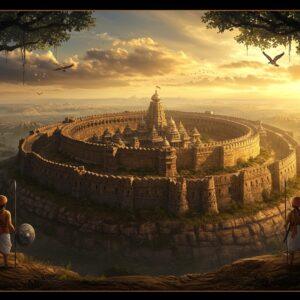 A majestic aerial view of Chitradurga Fort during golden sunset, with its seven circular walls stretching across rugged hill terrain, rendered in rich, deep colors of saffron and earth tones. Ancient granite stone walls with intricate Dravidian architecture details visible, multiple levels of fortification creating a mesmerizing pattern. Traditional Kannada-style temples with ornate gopurams visible within the fortress. In the foreground, two Indian warriors in traditional Kannada military attire from the Nayaka period, holding spears and shields, standing guard. The sky features mystical clouds with hints of peacock blue and gold, creating a supernatural atmosphere. Ethereal light rays pierce through the clouds, illuminating parts of the fortress. Ancient banyan trees with aerial roots frame the scene, while circling eagles add depth. The entire scene is rendered in a fusion of Hoysala temple art style and modern digital art techniques, with highly detailed textures and atmospheric lighting. The composition emphasizes the grandeur and historical significance of the fortress, with a hyperrealistic finish and subtle spiritual undertones.