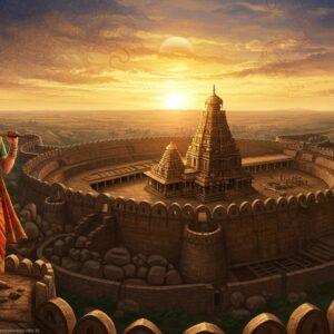 A majestic aerial view of Chitradurga Fort during golden sunset, with its seven circular fortification walls visible in intricate Madhubani art style. The massive granite walls and boulders blend seamlessly into the landscape, rendered in deep earth tones and rich saffron hues. In the foreground, Onake Obavva stands heroically with her pestle, her traditional Kannada attire flowing dramatically, depicted in detailed Pattachitra style. Behind her, the ornate Hidimbeshwara temple glows with warm golden light. The scene includes intricate mandala patterns in the sky, featuring peacock blue and deep maroon colors, with subtle representations of historical battles through silhouettes. Ancient water harvesting systems and granaries are visible within the fort walls, showing engineering marvel. The entire composition is enhanced with ethereal lighting, creating a mystical atmosphere with soft glowing highlights on the stone structures. The landscape includes delicate lotus motifs and traditional Karnataka architectural elements merged with surreal, floating geometric patterns inspired by the fort's design.