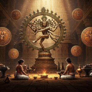 A majestic scene showcasing ancient Chola coins floating in a mystical arrangement around a central, ornate bronze Nataraja statue, its cosmic dance frozen in time. The coins feature intricate Tamil inscriptions, royal tiger emblems, and standing king figures in precise detail. The background shows a grand Chola temple architecture with its distinctive stepped pyramid design, rendered in deep copper and gold tones. Ethereal light streams through temple pillars, illuminating the scene. In the foreground, traditional Tamil craftsmen in period-accurate clothing (9th-13th century) are delicately working on coin minting, surrounded by authentic tools and implements. The scene is adorned with Chola-era symbols - the tiger emblem, double fish symbol, and bow and arrow motifs, all floating as translucent, glowing elements. The color palette focuses on rich metallics - gold, copper, bronze, with accents of royal purple and deep temple-stone greys. The art style combines traditional Chola bronzework patterns with modern digital art techniques, creating a photorealistic yet magical atmosphere. Soft particle effects and light rays add depth and mysticism, while maintaining historical accuracy in all depicted elements.