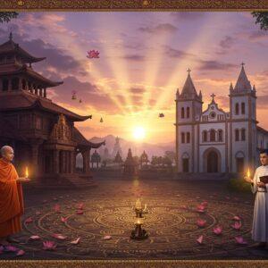A serene sunset scene showing an ancient Buddhist monastery in Odisha's architectural style merging with a Portuguese-era church, both structures rendered in intricate Pattachitra art style. The monastery features traditional curved roofs with bells, while the church shows Gothic spires. In the foreground, two figures stand side by side - a Buddhist monk in saffron robes holding a lotus and a Christian missionary in traditional white cassock holding a Bible. Between them, a detailed mandala pattern on the ground transitions from Buddhist symbols to Christian motifs. The background shows the Dhauligiri hills with Ashoka's peace pagoda visible. The sky features soft pastels of purple and orange, with ethereal rays of light breaking through clouds. Traditional Odishan patterns and motifs decorate the borders, while floating lotus petals and church bells create a mystical atmosphere. The scene is illuminated by both butter lamps and church candles, creating a warm, golden glow. Architectural details should be historically accurate to 18th century Odisha. Style should blend traditional Pattachitra art with modern digital fantasy elements, maintaining rich colors like deep maroon, gold, and peacock blue.