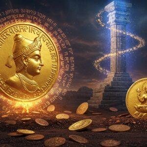 A majestic golden coin of Chandragupta II floating in the center, sized 3x larger than life, with intricate details showing his profile in classical Gupta style wearing a crown and pearl necklace on one side, and goddess Lakshmi seated on lotus on reverse, rendered in photorealistic detail. The coin is surrounded by a swirling pattern of ancient Sanskrit inscriptions that transform into flowing, luminous streams of copper and gold energy. In the background, a massive stone pillar with Brahmi script inscriptions rises up, bathed in ethereal blue-gold light. The foreground features scattered authentic Gupta-era copper and gold coins catching light, some partially buried in rich earth. The scene is framed by traditional Madhubani-style border patterns in deep maroon and peacock blue. Modern digital art treatment with dramatic lighting, depth of field effect, and metallic reflections. The overall composition suggests both historical authenticity and mystical energy, with a color palette of antique gold, copper patina, royal purple, and earth tones.