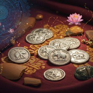 Ancient silver and copper Satavahana coins scattered elegantly on rich maroon silk fabric, with intricate Madhubani-style border patterns in gold. The coins display detailed elephant motifs, ship designs, and royal portraits characteristic of Satavahana dynasty. A mystical golden light illuminates the scene, creating subtle shadows and highlighting the worn patina of the coins. In the background, a ethereal mandala pattern in peacock blue and gold emerges, incorporating elements of ancient Indian maritime trade symbols and Buddhist stupas. Delicate lotus flowers in pastel pink float around the coins, while swirling patterns reminiscent of river trade routes connect the elements. The scene is captured in ultra-high detail, with a magical realism style that combines historical accuracy with surreal lighting. The composition includes authentic period-specific pottery shards and trading beads scattered among the coins, adding historical context and depth. The overall mood is both archaeological and mystical, with a soft ethereal glow emanating from the ancient artifacts.