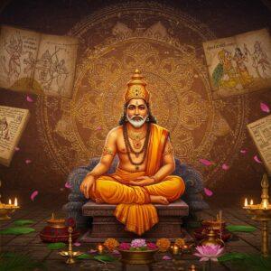 A majestic scene depicting Ilango Adigal in royal Tamil prince attire with saffron robes, seated in Padmasana on an ornate stone platform, surrounded by ancient Tamil manuscripts and palm leaves. His face radiates wisdom and serenity. Behind him, a large, intricately detailed kolam pattern glows in gold and blue. The background features a stylized representation of the three ancient Tamil kingdoms - Chera, Chola, and Pandya - through their respective emblems (bow, tiger, and fish) rendered in a modern, geometric art style. Floating manuscripts of Silappatikaram with scenes of Kannagi's story appear as ethereal, translucent elements. The scene is illuminated by traditional Tamil brass lamps creating a warm, golden atmosphere. Peacock feathers, lotus flowers, and Tamil architectural elements frame the composition. The art style combines traditional Tanjore painting techniques with modern digital art, featuring deep maroons, royal blues, and gold leaf effects. The overall composition should have a dreamlike, spiritual quality with subtle light rays and floating flower petals.