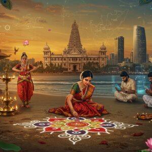 A grand panoramic scene of Chennai's Marina Beach at golden hour, featuring the iconic Victorian-style Rippon Building in the background with modern skyscrapers beside it. In the foreground, a striking kolam pattern made with vibrant colors (white, red, and yellow) appears to be glowing. A graceful Indian woman in a contemporary silk saree (in deep peacock blue and gold) is creating the kolam while wearing modern accessories. On one side, classical Bharatanatyam dancers in traditional costumes perform against ancient temple architecture, their movements captured in a dynamic, flowing style. The other side shows modern Tamil youth in trendy attire engaging with tablets and smartphones. The sky features a subtle watercolor transition from deep saffron to ocean blue, with floating digital elements representing technology. Traditional brass temple lamps meet modern LED lights, creating a magnificent interplay of old and new. The scene is rendered in a fusion of Tanjore painting style and modern digital art, with intricate gold leaf detailing and rich, deep colors. Floating lotus flowers and peacock motifs frame the composition, while a subtle map of Tamil Nadu appears as a ethereal watermark in the sky. The lighting emphasizes both traditional warm tones and contemporary neon highlights, creating a perfect blend of historical and modern elements.