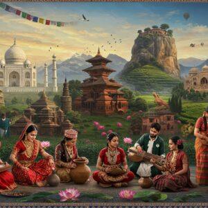 A grand panoramic scene showcasing iconic landmarks from different South Asian countries seamlessly blending together: the Taj Mahal's pristine white domes, Nepal's ancient Pashupatinath temple, Sri Lanka's Sigiriya rock fortress, and Bangladesh's Star Mosque. In the foreground, a diverse group of people in their traditional attires - an Indian woman in a red silk saree, a Nepali woman in gunyo cholo, a Pakistani woman in embroidered salwar kameez, a Bhutanese in colorful kira, and a Sri Lankan woman in kandyan saree. They're engaged in their cultural activities - classical dance, pottery, weaving, and playing traditional instruments. The scene is framed by intricate Madhubani-style border patterns in deep indigo and gold. Floating elements include prayer flags, lotus flowers, and peacocks. The lighting creates a magical golden hour effect, with soft rays illuminating the scene. The background features rolling Himalayan peaks, lush tea gardens, and Arabian Sea waters. Art style combines hyperrealistic architectural details with ethereal, dreamy elements, rendered in rich jewel tones of sapphire, emerald, ruby, and gold, with intricate patterns and cultural motifs throughout. The composition should have a cinematic quality with depth and dimension.