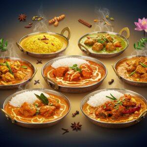 A mesmerizing circular composition featuring five ornate copper and brass Indian thalis arranged like a mandala, each containing distinct curry dishes from different cultures. The center thali showcases vibrant Indian butter chicken with rich orange-red gravy, surrounded by Japanese golden curry, Thai green curry, Caribbean goat curry, and Malaysian rendang. Rising steam creates ethereal patterns incorporating traditional Madhubani motifs. Scattered whole spices - cardamom pods, star anise, cinnamon sticks, and curry leaves - float magically around the composition. The scene is illuminated by warm, golden light with hints of saffron and turmeric hues. Intricate Pattachitra-style patterns adorn the thali borders in metallic gold. Small floating lotuses and paisley patterns in jewel tones of deep blue, maroon, and emerald accent the corners. The background features a soft gradient of peacock blue to deep gold, with subtle mandala patterns. Photorealistic food details blend with surreal, floating elements in a modern fusion style, emphasizing the dishes' appetizing qualities.