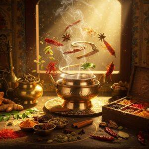 A mesmerizing Indian kitchen scene with golden sunlight streaming through an ornate window, illuminating a collection of traditional brass and copper vessels arranged in a mandala-like pattern. In the center, a richly detailed copper handi emanates ethereal steam wisps forming intricate Madhubani-style patterns. Around it, vibrant whole spices float mysteriously - cardamom pods, cinnamon sticks, star anise, and saffron strands - creating a spiral dance. The scene features carefully arranged fresh ingredients: crimson red chilies, emerald curry leaves, golden turmeric roots, and pearl-like peppercorns, all arranged in traditional Indian artistic patterns. A weathered wooden spice box with nine compartments sits nearby, each section glowing with different colored spices creating a natural color palette. The background shows hand-painted Pattachitra-style illustrations of ancient Indian cooking scenes in muted gold and deep maroon. The lighting is warm and mystical, with small particles of spices catching the light like stardust. The overall composition seamlessly blends hyperrealistic photography with traditional Indian art elements, creating a surreal, dream-like quality while maintaining the authenticity of Indian cuisine.