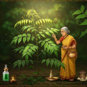 A serene Indian kitchen garden scene with a majestic curry leaf plant as the focal point, illuminated by golden morning sunlight filtering through leaves. The plant shows various stages - one branch with healthy, glossy deep green leaves arranged in a distinctive pinnate pattern, another showing yellowing leaves, and a third with pest damage. A gentle-faced elderly Indian woman in a traditional cotton sari with grey hair tied in a bun, wearing bangles, tends to the plant with traditional remedies - a copper vessel of neem solution and organic fertilizer nearby. The background features intricate Madhubani-style border patterns in earth tones, with small vignettes of natural pest control methods - ladybugs, neem leaves, and organic sprays. Floating magical particles of golden light surround the scene, creating a mystical atmosphere. The color palette focuses on deep emerald greens, warm browns, and touches of gold, with decorative elements inspired by traditional Indian art. The lighting is soft and ethereal, creating a dreamy, educational atmosphere, styled in a modern digital art technique with photorealistic details of the leaves and traditional artistic elements.