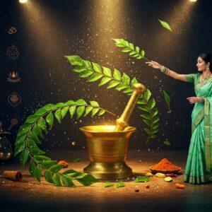 A luminous kitchen scene with an ethereal glow, featuring a traditional Indian bronze mortar and pestle in the center, surrounded by floating, vibrant green curry leaves creating a spiral pattern. A beautiful young Indian woman in a contemporary fusion saree (pastel mint green) reaches out to catch a floating curry leaf, her bangles catching golden light. The background showcases intricate Madhubani-style patterns in deep peacock blue and gold, incorporating small motifs of traditional Indian spice boxes. Scattered across the scene are delicate, artistic representations of ayurvedic symbols in metallic copper tones. Crystal-clear water droplets suspend in mid-air around the leaves, creating a magical effect. The lighting is warm and mystical, with soft spotlights highlighting the curry leaves' natural oils. The overall composition blends modern kitchen elements with traditional Indian art, creating a surreal, dreamlike atmosphere. The scene is rendered in a highly detailed, photorealistic style with fantasy elements, emphasizing the magical properties of the curry leaves.