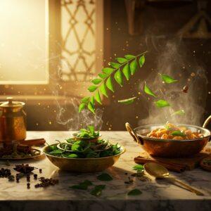 A stunning Indian kitchen scene with golden morning sunlight streaming through a traditional jharokha window, illuminating a marble countertop where fresh, vibrant green curry leaves cascade from a handcrafted brass bowl. The leaves are artistically arranged in a spiral pattern, surrounded by whole spices like black peppercorns, cardamom pods, and cinnamon sticks forming intricate Madhubani-inspired patterns. A copper kadai with steam rising contains a rich, amber-colored curry, garnished with tempered curry leaves that appear to dance above the dish. The scene includes modern elements like sleek steel appliances reflecting the warm light, while maintaining traditional elements like terracotta spice containers and brass measuring spoons. The composition features ethereal swirls of aromatic steam creating mandala patterns in the air, with tiny oil droplets catching the light like golden orbs. The color palette combines deep emerald greens, burnished golds, rich browns, and warm terracotta, all rendered in a dreamy, semi-realistic digital art style with soft glowing edges and intricate cultural motifs etched into the background surfaces.