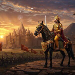 A majestic Indian warrior-king in ornate golden armor and royal regalia, mounted on a powerful black stallion adorned with jeweled trappings, against the backdrop of a vast medieval Indian fortress with distinctive Rashtrakuta architecture. The king wears a spectacular crown with precious gems, wielding a gleaming sword that catches the light of a dramatic sunset. The scene incorporates intricate Chalukyan-style carved patterns and motifs in the background architecture. Multiple battle flags with the Rashtrakuta emblem flutter in the wind. The landscape shows rolling Deccan plains with distant mountains. The art style merges traditional Pattachitra techniques with modern digital aesthetics, featuring rich colors of deep maroon, royal blue, and burnished gold. Ethereal light streams through clouds, creating a divine atmosphere. The scene includes subtle details like ancient Sanskrit inscriptions on temple walls, war elephants in the distance, and detailed period-accurate weapons and armor. The overall composition suggests power, authority, and the founding of a great empire, with a surreal, mystical quality enhanced by glowing mandalas in the sky.