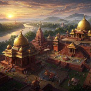 A majestic aerial view of an ancient Indian kingdom with grand golden-domed temples and stepped pools, set against the backdrop of lush Assamese hills at sunset. In the foreground, an intricately detailed palace complex featuring Gupta-era architecture with carved pillars and ornate archways in red sandstone. Traditional Assamese motifs and patterns adorned in gold leaf decorate the structures. The scene includes flowing rivers with ancient boats, bustling marketplaces with silk traders, and elephant processions carrying royal palanquins. Soft, mystical lighting filters through clouds, casting dramatic shadows across the landscape. The artwork combines Madhubani art style's intricate patterns with hyperrealistic digital rendering, using a rich color palette of deep burgundy, royal blue, burnished gold, and emerald green. Ancient Buddhist stupas and Hindu temples dot the landscape, with prayer flags fluttering in the wind. The overall composition suggests grandeur, mystery, and ancient wisdom, with ethereal mist partially shrouding distant mountains.
