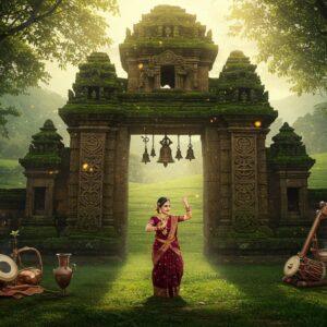 A majestic ancient stone gateway adorned with intricate Assamese motifs and symbols, partially covered in moss, standing tall amidst lush green surroundings. The gateway features traditional Davaka architecture with bell-metal craftsmanship details. In the foreground, a beautiful traditional Assamese woman in pat silk mekhela chador in deep maroon and gold, performing the Davaka-era Ojapali dance. The scene is illuminated by golden sunlight filtering through towering nahor trees. Ancient copper artifacts and traditional musical instruments like khol and taal scattered artistically around. Ethereal mist creates a mystical atmosphere, while digital art elements add subtle glowing highlights to the architecture. The background shows rolling hills of Dima Hasao with tea gardens. Art style combines traditional Assamese manuscript painting techniques with modern digital art, using a color palette of deep greens, earthy browns, copper, and gold. Hyperrealistic details in the stone carvings and jewelry, with magical realism in lighting and atmosphere.