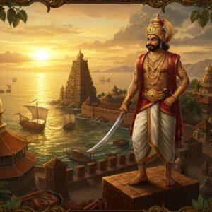 A majestic Indian ruler, the Zamorin, stands atop the ancient Calicut port wearing traditional Kerala royal attire - rich gold-bordered mundus, bare chest adorned with multiple strands of gold necklaces and precious gems. He wears the distinctive high crown of Kerala rulers with intricate Malayali designs. In his right hand, he holds a ceremonial sword with jeweled hilt, while his left hand gestures towards a bustling medieval port scene below. The port shows traditional Kerala trade ships (urus) with curved hulls and cloth sails, alongside Arab dhows laden with spices. The background features the architectural magnificence of Kerala temples with copper-plated roofs and intricate wooden carvings. The scene is illuminated by a warm golden sunset, creating dramatic lighting. The artwork combines Malayali mural art style with modern digital aesthetics, using rich colors like deep maroon, forest green, and gold. Ornate spice motifs of pepper vines, cardamom, and cinnamon sticks frame the composition. The ocean reflects golden light, while spice-laden trading vessels dot the horizon, symbolizing the Zamorin's maritime power. Hyperrealistic digital art style with historical accuracy and magical realism elements.