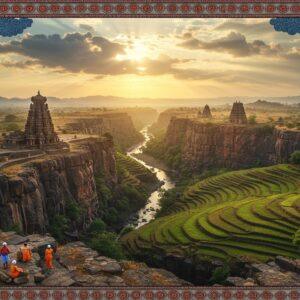 A majestic aerial view of the Deccan Plateau at golden hour, featuring dramatic basalt cliffs and stepped plateaus in rich earthen tones (deep browns, rusty reds, and weathered grays). Ancient stone temples perch on cliff edges, their spires catching the warm sunlight. Meandering rivers cut through the landscape like silver ribbons, bordered by lush green agricultural terraces. In the foreground, traditional Indian farmers in colorful attire (saffron, deep blue) work on their fields. The sky showcases monsoon clouds in ethereal patterns, with rays of sunlight breaking through in golden streams. Intricate Madhubani-style border patterns frame the scene, featuring traditional motifs of sun, clouds, and earth in deep indigo and gold. The composition includes distinctive black soil patches, scattered granite formations, and distant mountain ranges in a misty blue haze. Art style combines photorealistic landscape photography with traditional Indian art elements, enhanced with subtle digital flourishes and soft glowing effects.