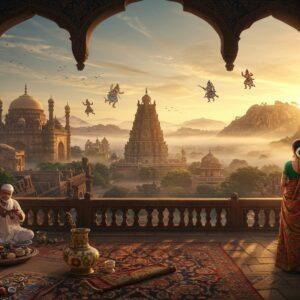 A grand panoramic vista of the Deccan Plateau at golden hour, featuring a majestic Golconda Fort seamlessly merging with intricate Bidri-work patterns in the foreground. An elegant Indian woman in a rich silk Paithani saree with peacock motifs stands on an ancient stone balcony, overlooking the landscape. The scene incorporates traditional Kalamkari art elements floating in the air - depicting warriors, dancers, and mythological scenes in deep indigo, rust, and gold. Ancient Chalukyan temple architecture rises from mist-covered hills, with detailed stone carvings visible. Rays of sunlight filter through ornate Islamic arches, creating dramatic shadows. The foreground showcases master artisans working on Bidriware, Hyderabadi pearls, and Himroo textiles. The color palette emphasizes rich earthy reds of the Deccan soil, deep blues of ancient frescoes, and burnished golds of traditional metalwork. The scene is rendered in a style blending traditional Madhubani patterns with modern digital art techniques, featuring intricate details and a dreamy, ethereal quality. Glowing mandalas and spiritual motifs float subtly in the background sky.