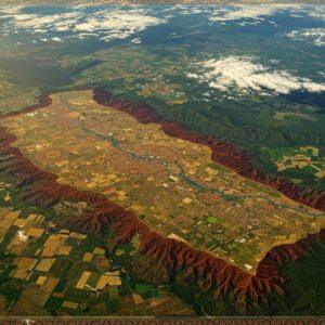 A majestic aerial view of the Deccan Plateau at golden hour, rendered in rich traditional Indian art style with modern digital aesthetics. The plateau's distinctive triangular shape emerges from intricate Madhubani-style patterns, featuring deep saffron and earthy red basalt rock formations. Ancient step wells and medieval fortresses dot the landscape in miniature Pattachitra art style. The Western and Eastern Ghats frame the plateau like ornate borders, decorated with peacock blue rivers flowing through them. Cotton fields and jowar crops create geometric patterns in gold and green. Swirling mandala-like weather patterns hover above, showing monsoon clouds in peacock blue and white. The scene is illuminated by a surreal, ethereal light that casts long shadows across the terrain, highlighting the plateau's varying elevations. Krishna and Godavari rivers flow like golden ribbons through the landscape, their banks adorned with traditional motifs of lotus flowers and sacred symbols. The overall composition combines satellite imagery aesthetics with traditional Indian art elements, creating a harmonious blend of ancient and modern perspectives, rendered in 8K ultra-detailed digital art style.