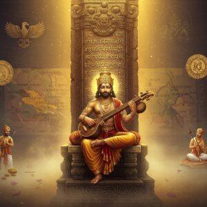 A majestic stone pillar emerging from a mystical golden mist, adorned with intricately carved ancient Brahmi script that seems to glow with ethereal light. The central figure is Emperor Samudragupta in royal Gupta-period attire, wearing a golden crown and elaborate jewelry, seated on a throne with a veena in his hands. Behind him, a detailed map visualization shows his conquered territories stretching across India, rendered in traditional Madhubani style with peacock blue and deep maroon colors. The scene is surrounded by vignettes depicting his achievements - coins bearing his image, warriors on horses, and scholars in discussion. Floating mandalas and lotus motifs frame the composition. The lighting is dramatic, with warm golden rays filtering through the mist, highlighting the pillar's Sanskrit inscriptions. The art style combines hyperrealistic textures of the stone pillar with surreal, ethereal elements and traditional Indian artistic patterns. The background features subtle symbols of his reign - the Garuda emblem, musical instruments, and weapons of war, all rendered in a modern digital art style with rich, deep colors and metallic accents.