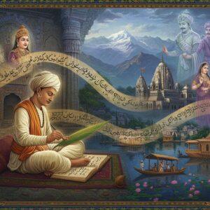 A majestic scene depicting an ancient Indian scholar, Kalhana, seated in a traditional cross-legged pose wearing cream-colored dhoti and angavastram, illuminated by golden light, writing on palm leaves with intricate Sanskrit script flowing like water around him. Behind him stands a detailed architectural visualization of medieval Kashmir with snow-capped mountains, featuring the blend of Hindu and Buddhist temples with authentic 12th-century architectural details. The scene transitions through multiple layers representing different time periods, showing various translations of Rajatarangini through mystical floating manuscripts in Persian, Sanskrit, and English. The composition includes detailed elements of Kashmir's history - lotus-laden Dal Lake, traditional houseboats, and historical monuments rendered in deep jewel tones of sapphire blue, royal purple, and burnished gold. Ethereal figures of kings and queens from Kashmir's history emerge from the flowing script like apparitions in soft, glowing pastels. The overall scene is framed by an intricate border inspired by Kashmir's traditional paper-mache art patterns. The art style merges hyperrealistic historical accuracy with mystical Kashmiri miniature painting techniques, enhanced by modern digital aesthetics. Atmospheric lighting creates a dreamy, timeless quality with rays of light filtering through ancient temple windows, casting geometric patterns on the scholarly scene.