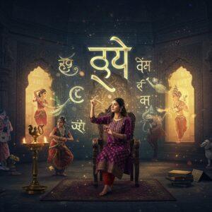 A mystical Indian library setting with ancient stone walls adorned with intricate Madhubani-style patterns, where floating, luminescent Devanagari letters transform into cultural symbols - peacocks, elephants, and lotus flowers. The central focus shows a young Indian woman in a contemporary silk kurta (deep purple with gold embroidery) seated on a carved wooden chair, her hands gracefully conducting the transforming letters like a conductor. Golden light streams through ornate temple-style windows, creating a warm ambient glow. Surrounding her are ethereal manifestations of Indian arts - classical dancers, musical instruments, and architectural elements, all emerging from the transforming script. The scene features a color palette of deep indigo, burnished gold, and royal purple. In the foreground, a traditional brass lamp casts divine light, while the background shows a large, intricate mandala formation made from abstracted Devanagari characters. Watercolor-like effects blend with digital precision, creating a dreamy yet sharp aesthetic. The atmosphere is scholarly yet magical, with subtle particle effects suggesting spiritual energy.