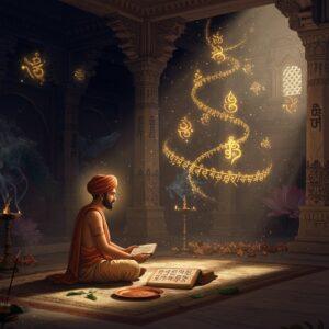 A serene ancient Indian scriptorium scene with a mystical atmosphere, featuring an illuminated Indian scholar in traditional dhoti and angavastram seated cross-legged on an ornate marble floor. Before him lies a copper plate and palm leaves with intricate Sanskrit inscriptions. The background showcases a grand architectural space with carved stone pillars decorated with peacock motifs and lotus patterns. Floating ethereally in the air are golden, glowing sacred symbols and geometric patterns inspired by early Brahmi and Devanagari scripts, transforming into more refined forms as they spiral upward. The scene is lit by warm oil lamps and streaming sunlight through ornate jharokha windows, creating a play of light and shadow. Medieval Indian manuscript art elements blend seamlessly with digital art techniques, incorporating rich jewel tones of deep blue, burgundy, and gold. Delicate smoke tendrils from incense sticks curl around the pillars, while celestial apsaras in flowing garments are faintly visible in the background, symbolizing divine knowledge. The overall composition follows Madhubani art style with modern digital enhancement, featuring intricate border patterns and sacred geometry.