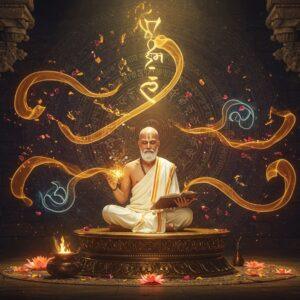 A serene Indian scholar in traditional white dhoti and angavastram seated in padmasana on an ornate bronze platform, surrounded by floating, ethereal golden ribbons that subtly suggest Devanagari letterforms without being actual text. The background features a massive mandala in deep indigo and gold, with intricate Madhubani-style patterns. Sacred threads and floating lotus petals interweave through the scene. The scholar holds an ancient palm leaf manuscript in one hand and a traditional reed pen in the other, both emanating a soft golden glow. Mystical swirls of saffron and peacock blue energy form abstract patterns suggesting the flow of Sanskrit. Ancient temple architecture elements frame the scene, with delicate stone carvings. The lighting is dramatic with warm golden rays filtering through, creating a divine atmosphere. The art style combines hyperrealistic digital rendering with traditional Indian art motifs, emphasizing rich textures and metallic accents. Small glowing orbs of light float around, suggesting the transmission of knowledge. The overall composition should be symmetric and balanced, with a vertical flow.