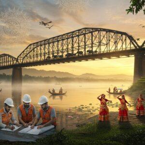 A majestic bridge stretches across the mighty Brahmaputra River at sunrise, its modern steel structure gleaming in golden light. The bridge's distinctive double-decker design features intricate Assamese tribal patterns etched along its sides in metallic copper. Floating lotuses and traditional Assamese boats dot the serene waters below. In the foreground, a group of three Indian engineers in modern safety gear study architectural blueprints, while traditional Assamese dancers in colorful Mekhela Chadors perform on one end of the bridge. The scene is framed by lush green hills and tea gardens of Assam. Ethereal morning mist partially shrouds the 9.15km span, creating a dreamlike atmosphere. The lighting combines warm sunrise hues with cool morning blues. Stylized mandalas float in the sky like celestial bodies. The art style merges photorealistic engineering details with mystical Indian elements, rendered in a modern digital aesthetic with rich textures. A family of elephants crosses underneath, symbolizing the bridge's role in wildlife conservation. The overall composition emphasizes the bridge's grandeur while incorporating elements of local culture and nature.