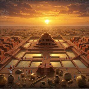 A majestic aerial view of Dholavira's ancient Harappan cityscape during golden hour, featuring intricate water conservation systems and geometric city planning patterns in rich terracotta tones. In the foreground, a detailed architectural model shows the grand ceremonial grounds, surrounded by ornate pillars with Indus Valley symbols. The scene is adorned with traditional Gujarati elements - vibrant bandhani patterns and mirror work designs floating ethereally in the corners. The sky features a dramatic sunset in deep saffron and peacock blue, with soft glowing mandalas emerging from clouds. Ancient artifacts - copper tools, beads, and pottery - are artistically scattered across the lower third, their surfaces gleaming with a mystical aura. The entire composition is rendered in a fusion of Madhubani and modern digital art style, with intricate line work and rich, deep colors. The water reservoirs reflect the golden light, creating a serene, otherworldly atmosphere. Small figures in traditional Kutchi attire walk through the scene, providing scale to the magnificent architecture.