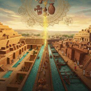 A split-screen composition showing two ancient Indus Valley cities, divided by an ornate bronze water channel. On the left, Dholavira's grand citadel rises with its sophisticated water conservation systems, featuring stepped reservoirs in sandstone, intricate water channels, and the iconic stadium. The architecture shows precise geometric patterns and sun-baked brick structures in warm earth tones. On the right, Lothal's dockyard and warehouse complex dominates, with a massive ship dock featuring burnt brick walls, trading vessels, and merchants handling pottery and beads. Both cities show detailed urban planning with grid-pattern streets, drainage systems, and public wells. The scene is rendered in a fusion of Madhubani and digital art style, with intricate patterns and rich colors - deep terracotta reds, weathered yellows, and turquoise water. Floating golden mandalas and sacred geometry patterns overlay the scene, while archaeological artifacts like seals, weights, and pottery float ethereally between the cities. The lighting is dramatic with a golden-hour glow, creating long shadows across the ancient streets. Small figures in period-accurate Indus Valley clothing move through both cities, showing scale and life. The overall composition suggests both grandeur and historical accuracy, with subtle spiritual undertones through Indian artistic elements.