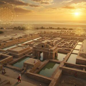 A majestic aerial view of ancient Dholavira at golden sunset, featuring intricate water conservation systems with stepped reservoirs reflecting orange sky. In foreground, a detailed reconstruction of the citadel's grand gateway with original limestone blocks in warm beige tones. Middle ground shows the sophisticated grid-pattern city layout with precise geometric divisions. Massive stone walls with original Indus script carvings visible. Background reveals the vast Rann of Kutch with crystalline white salt deposits stretching to horizon. Scene enhanced with ethereal floating mandalas and sacred geometry patterns in gold and saffron overlays. Soft glowing orbs of light illuminate key archaeological features. Art style merges hyperrealistic architectural details with mystical Indian elements, incorporating Madhubani-style border patterns. Palette includes earthen terracotta, sandstone beige, twilight blue, and burnished gold. Subtle hints of ancient life with ghosted silhouettes of traders and craftsmen in traditional Indus valley attire. Atmospheric dust particles catching light create a magical, timeless ambiance.