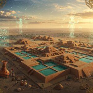 A majestic aerial view of ancient Dholavira at golden hour, rendered in intricate Madhubani-inspired art style, showing sophisticated water conservation systems with interconnected reservoirs glowing in deep turquoise. The cityscape features precise geometric grid patterns with raised platforms, grand gates, and ceremonial grounds in rich earth tones of terracotta and sandstone. In the foreground, detailed archaeological artifacts - copper tools, beads, and pottery with Harappan seals float ethereally, emanating a soft golden aura. The sky shows a surreal fusion of modern and ancient elements with constellation patterns matching the city's grid layout. Intricate mandala patterns in gold and peacock blue frame the corners, incorporating motifs of bulls, unicorns, and other Harappan symbols. The lighting creates dramatic shadows highlighting the advanced architectural elements, while soft pastel clouds add a mystical atmosphere. The scene includes holographic projections of ancient traders and craftsmen in traditional Harappan attire, their forms semi-transparent and glowing with inner light, showing the bustling life of the ancient city. Photorealistic details mixed with surreal elements, 8k resolution, cinematic lighting.