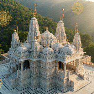 A stunning aerial view of intricately carved white marble Dilwara temples nestled amidst lush Aravalli hills, bathed in golden morning light. The temple's ornate domes and spires feature detailed Jain architectural elements with precise geometric patterns and floral motifs. The foreground showcases elaborately carved marble pillars with traditional Jain symbols and delicate lotus designs. Floating mandalas and sacred geometric patterns in soft gold and saffron hover ethereally around the temple structure. The scene is enhanced with gentle mist rolling through the surrounding greenery, creating a mystical atmosphere. The lighting is soft and dreamy, with rays of sunlight filtering through the temple's jharokhas, casting intricate shadow patterns on the pristine marble floor. The color palette includes pure white marble, subtle gold accents, emerald green foliage, and soft morning sky blues. The art style combines photorealistic architectural details with ethereal, spiritual elements, rendered in high-definition digital art format. Scene should emphasize the temple's grandeur while maintaining its serene, sacred atmosphere.