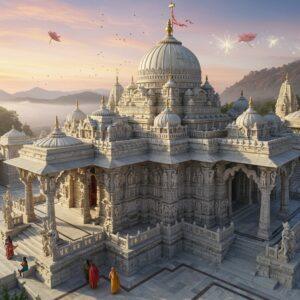 A breathtaking aerial view of the Dilwara Temple complex at Mount Abu, rendered in intricate detail with pristine white marble architecture, featuring elaborate carved ceilings, ornate pillars, and geometric patterns. The central dome rises majestically against a mystical dawn sky with soft pink and golden hues. Detailed marble sculptures of dancers and musicians adorn the foreground, while intricate lotus motifs and traditional Jain symbols are carved into the temple walls. The scene is enhanced with gentle rays of morning sunlight filtering through the carved marble jalis (latticed screens), creating mesmerizing light patterns on the temple floor. The surrounding landscape shows the lush Aravalli hills with morning mist. The art style combines hyperrealistic architectural details with ethereal lighting and traditional Indian artistic elements, featuring a color palette of pure white marble, golden sunlight, and subtle pink sky tones. The scene includes small figures of devotees in traditional attire to show scale, with floating lotus petals and subtle golden mandala patterns in the air for a spiritual atmosphere.
