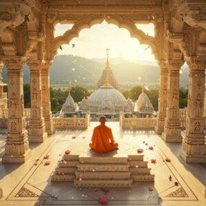 A breathtaking aerial view of the majestic Dilwara Temple complex during golden hour, with intricate marble architecture featuring detailed geometric patterns and ornate carvings. The central dome reflects soft sunlight, creating a luminous glow. In the foreground, a serene Jain monk in traditional white dhoti meditates on a marble platform, surrounded by floating lotus flowers and peaceful doves. The scene incorporates detailed marble pillars showing intricate carvings of the 24 Tirthankaras in the Madhubani art style. Delicate marble lattice work casts beautiful shadow patterns on the temple floor. The background features Mount Abu's rolling hills in muted green and blue tones. Soft rays of light filter through the temple's ornate jali work, creating ethereal light patterns. The atmosphere is enhanced with subtle floating specks of golden light and thin trails of sacred incense smoke. The architectural details should be photorealistic while maintaining a dreamy, spiritual quality. The color palette focuses on pristine whites, warm golds, and subtle earth tones, with hints of peacock blue in the sky.