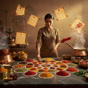 A richly detailed traditional Indian kitchen scene with a modern twist, featuring a marble countertop adorned with brass spice boxes, handwoven textiles, and ancient copper cookware. In the center, an elegant Indian woman in a contemporary fusion outfit (silk kurta with modern design) arranges vibrant spices in a circular mandala pattern - turmeric, red chili, cardamom, and saffron forming intricate Madhubani-inspired designs. Floating above are ethereal, glowing recipe scrolls with Pattachitra-style borders. The background showcases a gradient wall with detailed Phad-style murals depicting cooking scenes. Modern kitchen equipment seamlessly blends with traditional vessels. Golden light streams through a window, illuminating steam rising from copper vessels. The scene includes carefully arranged fresh ingredients - bright vegetables, aromatic herbs, and colorful lentils creating a visual feast. Soft bokeh effects with spice dust particles dancing in sunbeams. The color palette focuses on deep maroons, turmeric yellows, copper browns, and peacock blues, with accents of gold throughout. Hyper-realistic textures on spices and ingredients with a dreamy, surreal atmosphere.