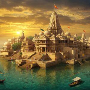 Majestic aerial view of ancient Dwarka emerging from golden-turquoise Arabian Sea waters, with Lord Krishna's ornate palace temple complex at its heart, featuring traditional Gujarati architectural elements with intricate carved spires and domes. The iconic Dwarkadhish Temple rises prominently, its golden flag fluttering against a dramatic sunset sky filled with ethereal clouds in shades of saffron and deep blue. In the foreground, illuminated stone ghats descend into crystal-clear waters where small boats with colorful sails drift. Multiple levels of the ancient city visible with interconnected temples and traditional buildings. Mystical underwater ruins visible beneath transparent waters, suggesting the submerged original city. Soft divine light emanates from the temple complex, while peacocks grace the temple steps. Art style combines hyperrealistic architectural details with ethereal Indian traditional art elements, featuring rich gold accents, deep maritime blues, and warm sunset oranges. The scene captures both historical grandeur and spiritual mysticism, with subtle mandala patterns in the sky and sacred symbols incorporated into the architecture.