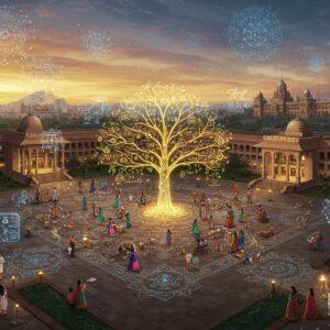 A grand aerial view of Karnataka's educational landscape, featuring iconic institutions seamlessly blending traditional Indian architecture with modern design elements. In the foreground, a large courtyard with intricate Madhubani-style kolam patterns in vibrant blues and golds. Students of diverse age groups in modern Indian attire gather around a central, glowing tree of knowledge rendered in the Pattachitra style, its branches forming illuminated pathways representing different educational streams. The scene is adorned with floating digital holograms of scientific symbols, mathematical equations, and artistic tools, all styled with traditional Indian motifs. The background showcases recognizable landmarks like the IISc heritage building and Mysore University, their architecture detailed in Phad art style with warm, golden lighting. Ethereal mandalas in pastel blues and soft pinks float in the sky, representing educational achievement. The overall composition combines hyperrealistic architectural details with surreal, spiritual elements, featuring a color palette of deep maroon, peacock blue, saffron, and gold. Soft glowing orbs of light illuminate the scene, creating a dreamy, aspirational atmosphere.