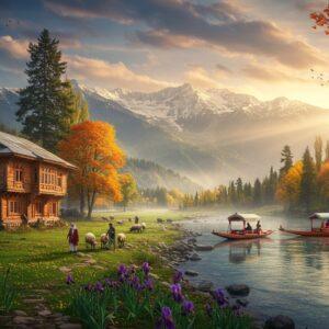 A breathtaking panoramic view of Sindh Valley during golden hour, featuring snow-capped Himalayan peaks in the background with rich golden sunlight casting long shadows. In the foreground, a traditional Kashmiri wooden house with intricate carved details stands beside flowing crystal-clear waters of Sindh River. The scene includes traditional Kashmiri pine and chinar trees with autumn-colored leaves in deep oranges and reds. A small group of local shepherds in traditional Kashmiri pherans guide their sheep through flowering meadows dotted with purple iris and yellow buttercups. The composition includes traditional shikaras floating on a small mirror-like lake, their ornate wooden details reflecting in the water. The atmosphere is misty and ethereal, with soft pastel colors blending into deep jewel tones. The art style combines hyperrealistic landscape photography with ethereal digital painting techniques, featuring rich textures and intricate details in Madhubani-inspired patterns in the sky. The lighting is dramatic yet serene, with god rays filtering through clouds, creating a mystical atmosphere. The overall mood is peaceful and inviting, capturing the valley's natural grandeur.
